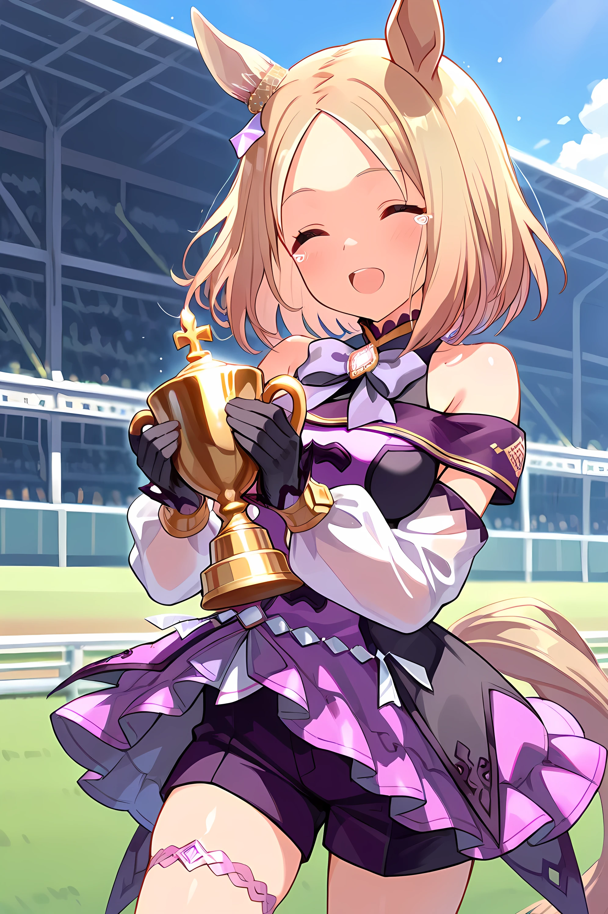 narita top road \(umamusume\),horse tail, short hair, animal ears, ear ornament, ear covers, single ear cover,purple dress, off-shoulder dress, purple bow, long sleeves, see-through sleeves, black gloves, purple shorts, thigh strap, bare shoulders,(((masterpiece))),(((detailed)))((best quality)),((hyper detailed)),(beautiful),((shinythighs)),(((shiny skin))),(high quality skin),((8k)),((high resolution)),dynamic motion,hands up,(holding a big trophy),gold and Gleam trophy),standing,(smile and happy tears),
horse racing track,evening and Radiant Sunset,sweat,closed eyes,open mouth,from front,close-up,cowboy shot