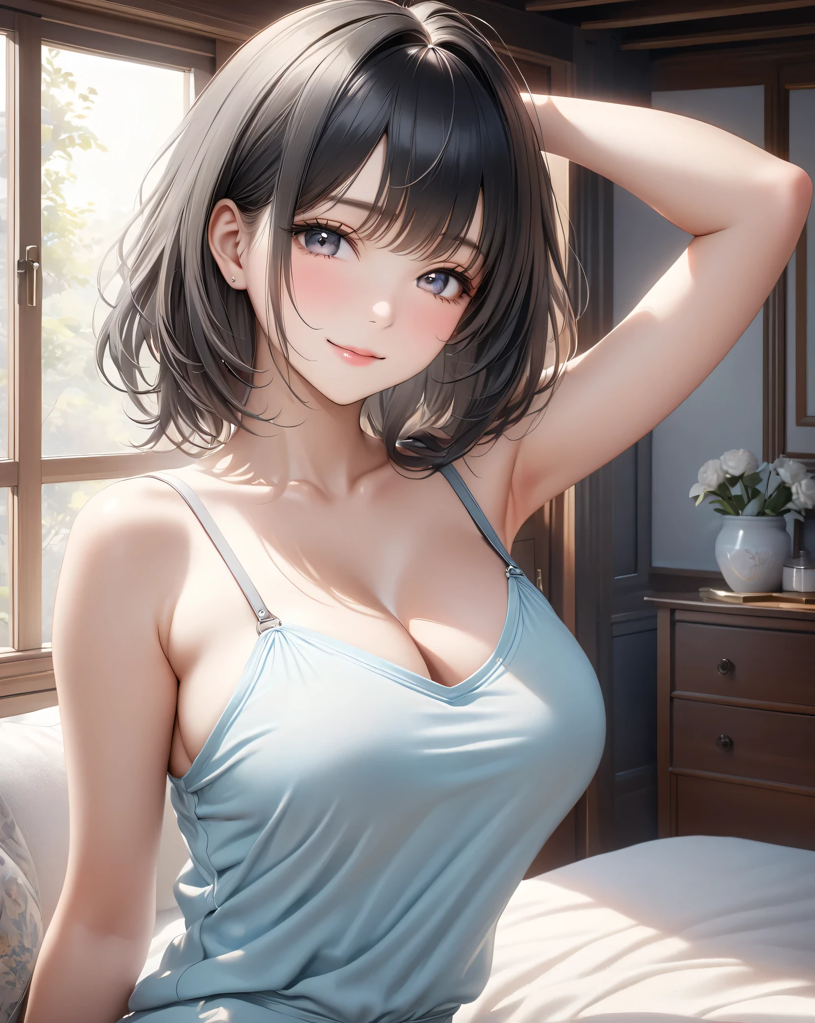 realistic, Japan person, 45 year old woman, plain t-shirt, garter belt, face smile, cleavage emphasized.bedroom,cleavage zoom,breasts a little bigger