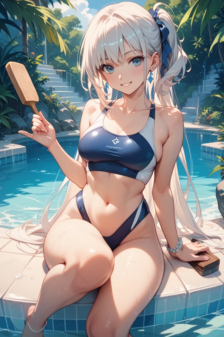 ((Best Quality, 8K, ultra-detailed, Masterpiece: 1.3)), 1girl, shiny skin, sharp, Perfect Body Beauty, realistic shaded perfect body, ("school swim suit, white,transparent_pussy":1.2),big_breasts ,(dynamic pose:1.1), thigh , cute , pool side,stick out sideboob , squatting