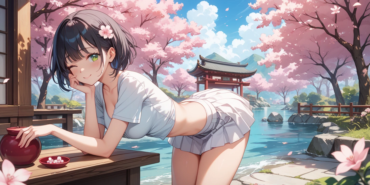 red eyes, (highest quality, masterpiece painting:1.3), immature woman, 16 years old, (half body shot), masterpiece, ultra high resolution, (Photoreal:1.0), purple short hair,straight hair, beautiful shining hair, white and shining skin, ((Ultra realistic details)), octane rendering, highly detailed face, (big breasts:0.8), (make a heart with hands), ((complete naked:1.2)),((botomless:1.2)), Hair flutters under the influence of the wind, Japanese garden with beautiful cherry blossoms at night, Mysterious night sky, Beautiful Landscapes, sharp focus, intricate details, professional artwork, (bright colors:1.1), bright colors, diffused lighting, digital blending, ultra-definition body, ultra detail hair, super detailed face, that&#39;It&#39;s trending on pixiv, top button open, Cute gaze, compensate, perfect lips, perfect compensate, Ultra-precision coating,  (light_smile:0.8), (Very embarrassed:1.2), blush your nose,