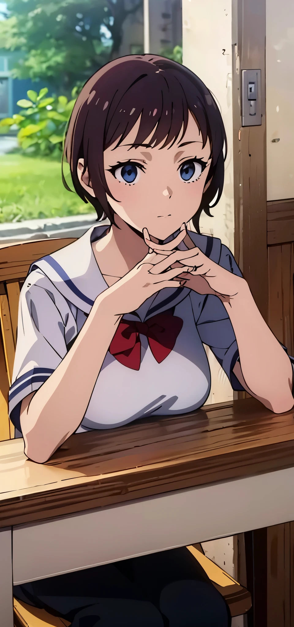 Anime girl short hair, sitting, fingers crossed, wearing sailor uniform, half sleeves uniform , half sleeves