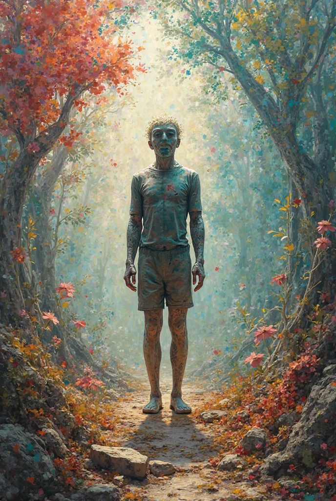 a full body human painting with the scenery of a river