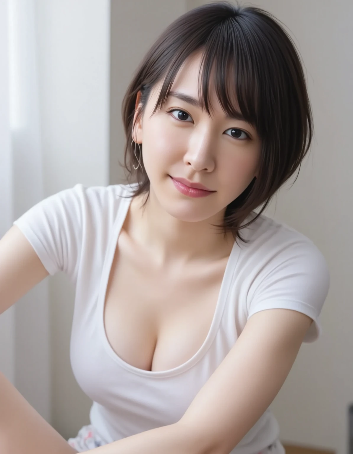 (highest quality,8K,masterpiece:1.3,),(ultra high resolution,photorealistic:1.4,RAW photo),(Super detailed,caustics),(living),(sit),(low position:1.4),(Low - Angle:1.3),18-year-old,cute,black short hair,Smiling and looking at the camera,T-shirt,(big :1.1),jeans,(front shot:1.1),bust up shot,(breast focus:1.1),(Close-up:1.2),Natural light,