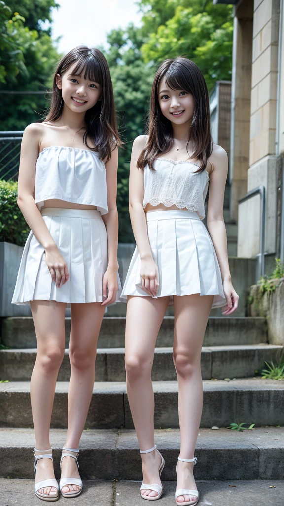 High detail, Textured skin, Very detailed, Ultra high definition, High-resolution model, Detailed face、bare navel、Twins, two girls, two high school girls、(((flat chest))), (flat chest:1.1)、 ars、a junih school stuiforms、Cute, young, (Full body:1.3)、Ultra-detail、masterpiece、top-quality、超A high resolution、8K high image quality、Photogenic clarity、A detailed eye、Real live-action、Spring outdoor、Model Standing、Beautiful posture、High detail, Textured skin, Very detailed, Ultra high definition, High-resolution model,