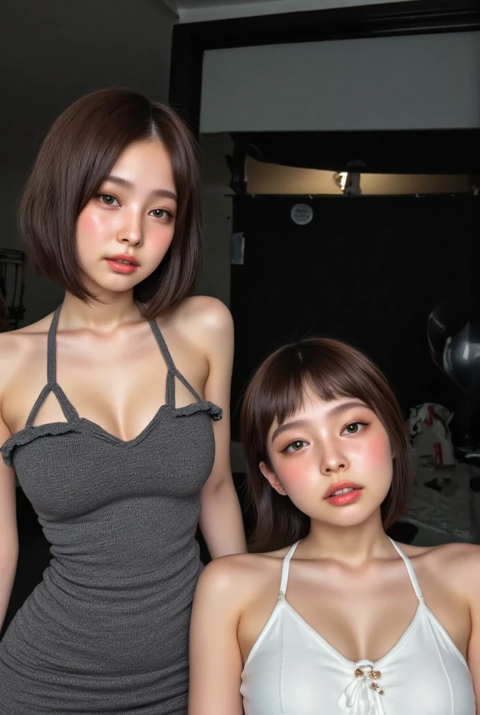 regular asia woman, wear tank top, smal chest, average body, show chest, show shoulders, short fashion hair