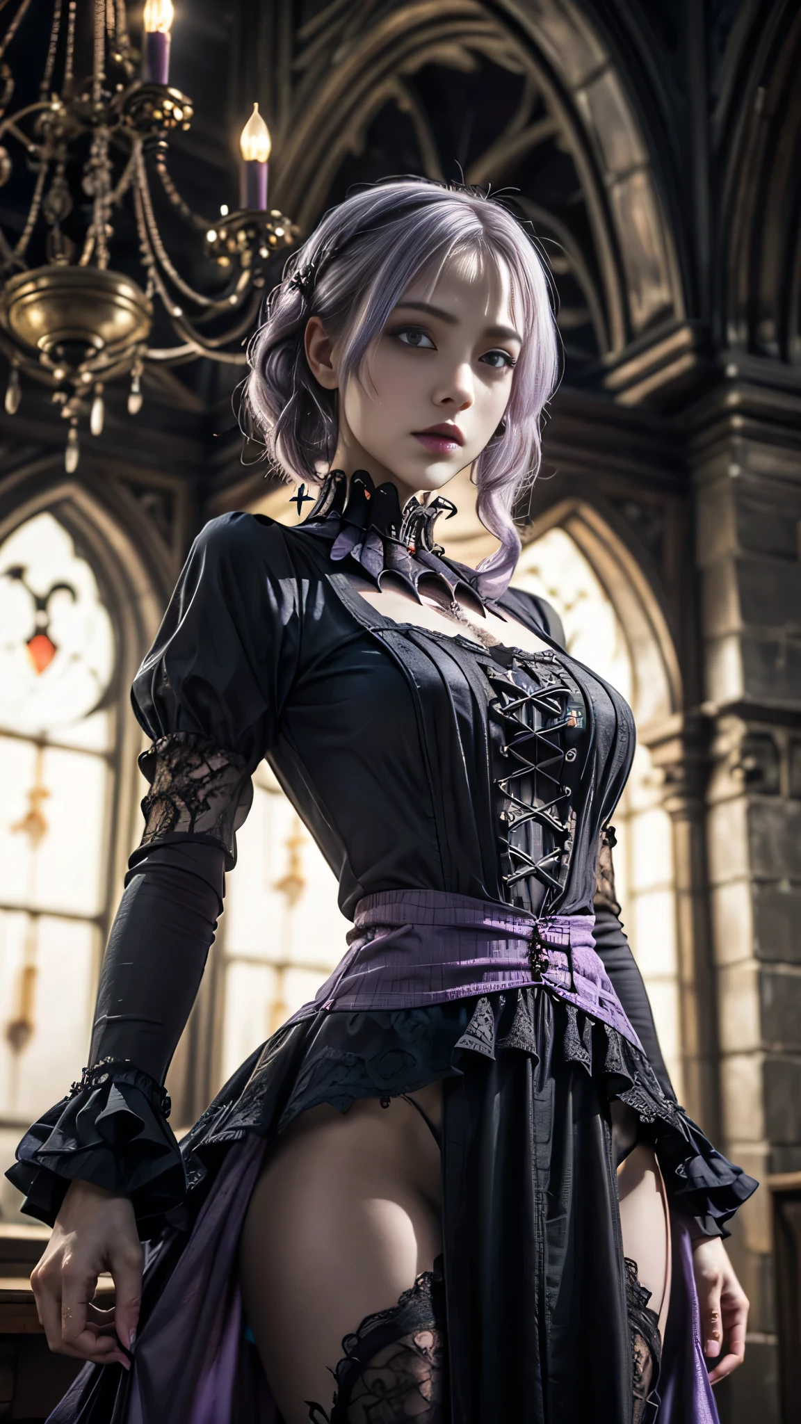 1girl, solo, masterpiece, best quality, high resolution, ultra-detailed,
((Medium hair with volume, lightly curled)), ((light purple hair:1.2)), purple eyes, beautiful face, soft lighting, clean background,
((Gothic-style dress:1.5)), ((black and purple lace Gothic dress:1.2)),
Both hands lifting the dress elegantly while standing,
slightly looking up from a diagonal low angle,
smooth skin, perfect lighting, glamorous,
Old castle interior with a chandelier glowing in the darkness,
translucent skin, soft glow, ethereal effect