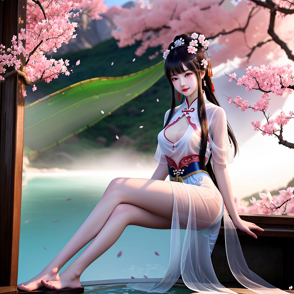 (8k, RAW photo:1.2), Best Quality, Masterpiece, Ultra High Resolution, Dramatic Angle, Fine Painting, Very Detailed, Color Ink Painting, (Color Splatter), Color Splatter, (Floating Detailed Color Splatter), ((ink refraction)), bright, bright colors, far view, far view 1girl, Eastern_European_girls, (bathing: 1.3, soaking in hot spring: 1.5, half soaking: 1.4, holding lotus: 1.2), smiling, (long hair, hair Decoration: 1.4), hair flower, water on the skin, arm behind the back, (Hanfu, Hanfu, colorful), wet clothes, open clothes, bare shoulders, (wearing bellyband, see-through petticoat), small breasts, chest up, upright Chest, outdoor, ancient Chinese style, next to the ancient palace, East Asian architecture, (beautiful and detailed sky), moon, blue sky, lake, pure, (lycoris, butterfly, cherry blossom, petals floating on the hot spring: 1.4), willow, bamboo ,