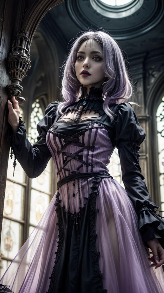 Best quality, masterpiece, ultra high res, (photorealistic:1.4), raw photo, award-winning full body shot of 2 gothic gals wearing a stylish new-gothic outfit in a New York street, purple corset, purple hair, cinematic, natural light