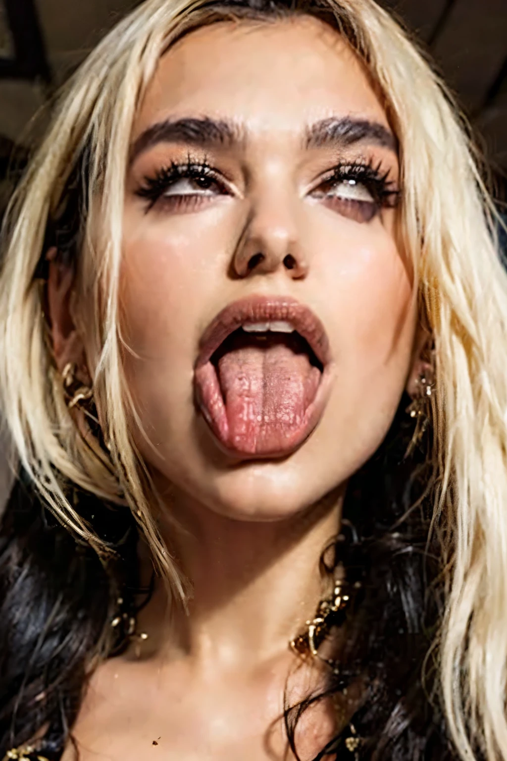 Woman on knees, oval face, crying, sad, distressed, sexy body, brown long hair, (looking at viewer), makeup, fit, erotic body, Cleavage, Cosplay, Tongue out, (best quality,4k,8k,highres,masterpiece:1.2), ultra-detailed, (realistic,photorealistic,photo-realistic:1.37), HDR, UHD, studio lighting, ultra-fine painting, sharp focus, physically-based rendering, extreme detail description, professional, Pastel colors, bokeh, portraits, landscape, horror, anime, sci-fi, photography, concept artists, warm, soft lighting,Grasping hand