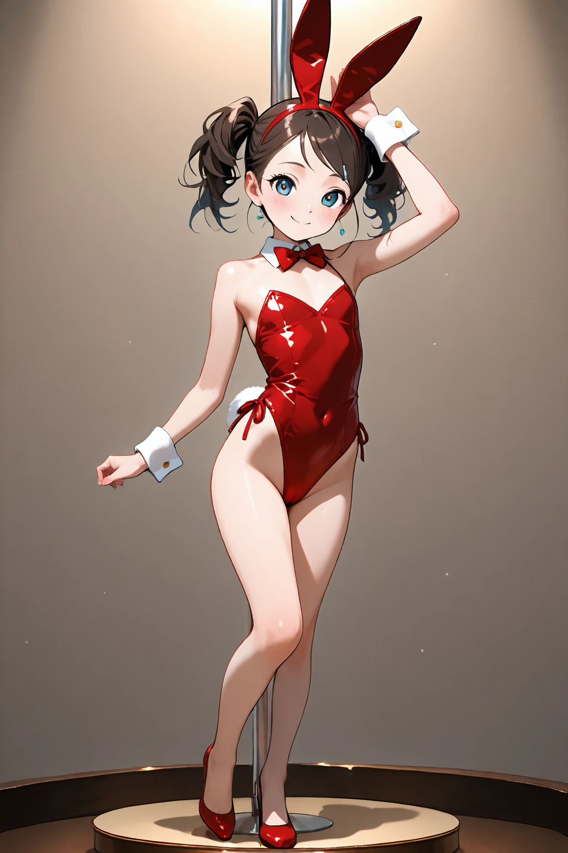 masterpiece, highest quality, High resolution, Rem, alone, Bunny ears, Playboy Bunny, Brown Hair, head band, Hair Ribbon, short hair, Moderate,, Hands on hips, squat, Leg spread, street, smile,