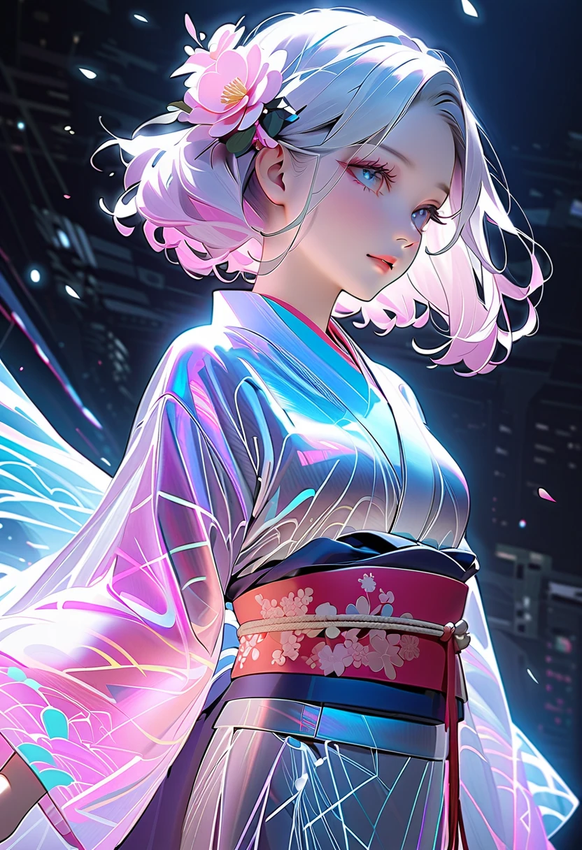 A three-dimensional android with inorganic and beautiful holograms wearing a transparent kimono that allows the lines of the body to be seen through, An extremely transparent, luminescent kimono worn to highlight tattoos engraved on the body, A luminous and transparent kimono crafted as a holographic projection, The kimono features high translucency with its intricate patterns softly glowing as they are expressed through lines of light, The fabric radiates an ethereal brilliance creating a balance between traditional Japanese aesthetics and futuristic holographic technology, The setting is an immersive three-dimensional virtual space where the kimono appears as a centerpiece surrounded by shimmering light projections and holographic installations, This striking display emphasizes the interplay of transparency light and the delicate contours of the kimono, UHD, retina, masterpiece, accurate, super detail, high details, best quality, highres, high quality, 16k