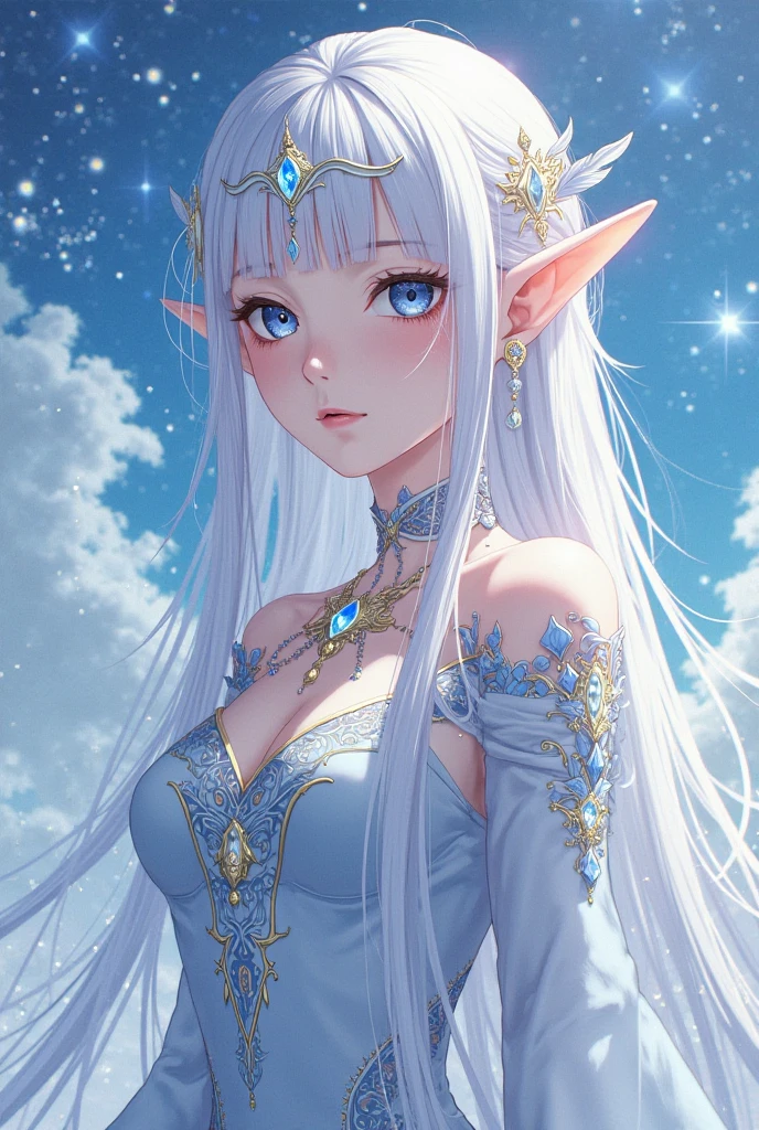 elfo masculino da lua com uma aura misteriosa e celestial. Ele tem uma estatura elegante, medindo aproximadamente 1,85 metros de altura. Seus cabelos prateados fluem como raios de lua cheia, brilhando com uma luminosidade suave. Seus olhos, deep blue like the starry night sky, refletem a luz prateada da lua. Your features are ethereal, and her pointed ears add a touch of heavenly grace to her face. Selarian&#39;s skin is pale and translucent., como se capturasse a luz da lua. Your presence radiates a reassuring calm, and he carries with him an aura of serenity that inspires confidence,. Vestindo um manto tecido a partir de fios de luz lunar, Selarian dresses in attire that reflects the celestial elegance of his nature. His cloak flows around him like the starry night itself, and jewels encrusted with moonstones adorn her wrists and neck. Every piece of her clothing seems woven from moonlight, creating a show of subtle shine.