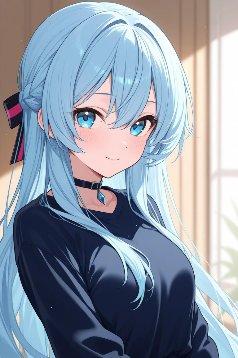 masterpiece, best quality, extremely detailed, anime, Mother, carefree, optimistic, narrow eyes, braided hair, blue hair,pink sweater, big breasts, hand on cheek,