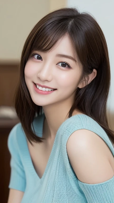 masterpiece,best quality,(Japanese ),((Beautiful girl)),cleavage,indoor,(perfect body beauty:1.2),(shy smile),beautiful teeth,
