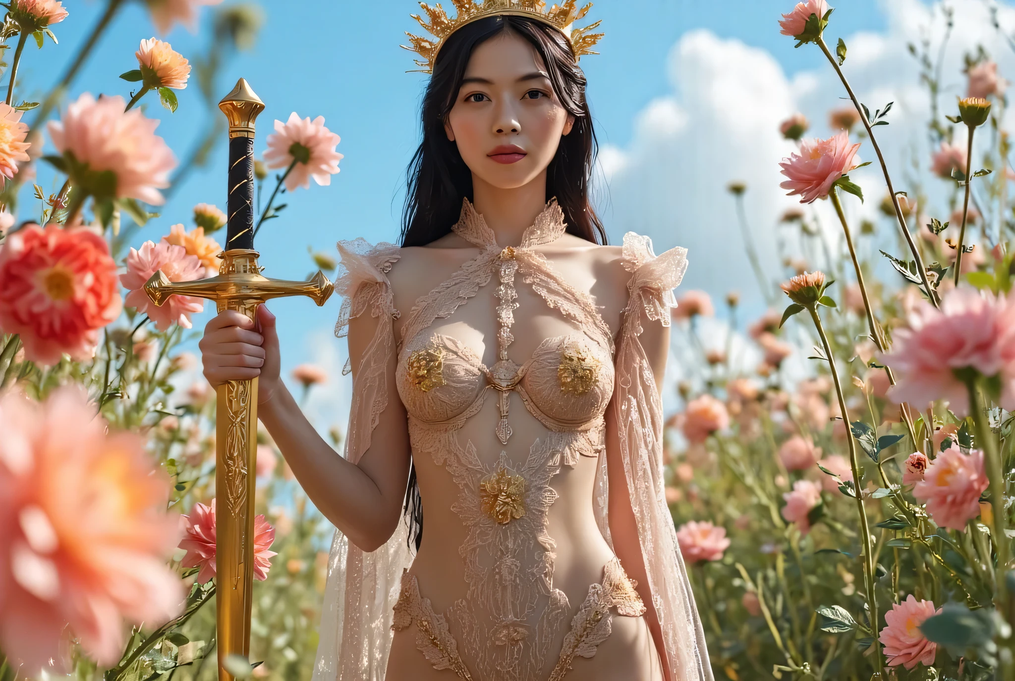 (((long shot:2.0))),(((Large Spring Flower Garden:2.0))),((blue sky:2.0)),((stand with legs open:2.0))),(((Fantasy Atmosphere:2.0))),(((holding a beautiful golden sword in one hand:2.0))),standing,((full body:2.0)),one woman,(cute face:1.5),(Beautiful well-balanced face :1.5),((long hair with bangs:2.0)),(black hair:1.5),(Beautiful Eyes:1.3),20-year-old Japanese woman wearing bright red paint all over her head,Beautiful slender body,((model body type:2.0)),((slim body:1.7)),Perfect Body Line,Ideal Proportions,((big breasts:2.0)),((スリーサイズ90-58-86:2.0)),((G Cup Breasts:2.0)),( popup:2.0),(Bare thighs:1.3),Sensual Thighs,delicate body,(succulent:1.7),harmonious posture,((Realistic breast depiction :1.7)),carefully depicting limbs based on perfect anatomy,((golden super high-leg leotard:2.0)),((lace super high-leg leotard with integrated lace body:2.0)),((lace cloak adorned with colorful flowers with an open front over a leotard:2.0)),(pastel colored cloak with fine embroidery:2.0),(((Crown made of flowers:2.0))),(pointed ears:1.3),((((light purple fishnet tights with a rough mesh:2.0)))),nipples made of flowers,CONCEPT ART,(Best Quality:1.5),(masterpiece:1.5),(超高resolution),resolution,UHD,(Delicate Description), carefully drawn with butterfly wings ,32k,((realistic skin texture that shows through the whole body:1.5)),(((super realistic:1.5))),carefully draw eyelashes,very detailed face,Highly detailed female hand, Sexy appearance ,very sensual,(Blurry Dim Backgrounds :1.5),Professional Photography,(movie lights:2.0),((Lord of the Rings style lighting:2.0))