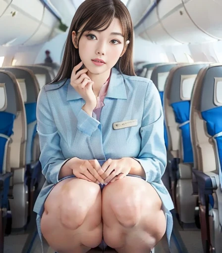 (NSFW), 1womanl, Solo, 24 year old, 7headed body, (cute  face), (Ideal ratio body proportions), Inside a passenger aircraft, Stewardess uniform, (((Sitting on legs with bent knees))), (((Spread legs))), (((Open your crotch wide))), (((Open your knees to the right and right))), (((Spread your knees from side to side))), ((a miniskirt)), ((Panties with a small area)), ((Crouch Panty Shot)), ((Show off your panties to the camera)), Smiling smile, erectile nipple, Sexy body, Wet, short-hair, Dark hair, small tits, A slender, Small buttocks, beauty legs, Skinny Legs, surrealism, Cinematic lighting, depth of fields, One-person viewpoint, F/1.8, 135 mm, nffsw, masutepiece, ccurate, ((Anatomically correct)), Textured skin, Super Detail, high details, High quality, awardwinning, Best Quality, hight resolution, 8K