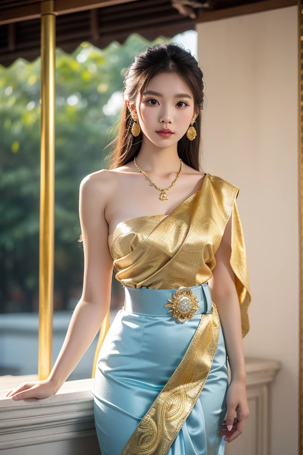 Beautiful girl of Taiwanese descent, Embellished with finely crafted Dongtai Khu indigenous dress, It stands majestically with the backdrop of the magnificent Bukam Temple.. Her attire shimmers with Intricate embroidery and gold accents, แต่ละองค์ประกอบได้รับการคัดเลือกอย่างพิถีพิถันเพื่อสะท้อนถึงมรดกทางวัฒนธรรมอันlongนานของผู้คนของเธอ.
details:
Facial features: ใบหน้าของผู้หญิงมีความสดใสและอ่อนเlong์, With delicate features and captivating eyes that shine with warmth and intelligence.. Her hair was styled into a messy bun, embellished with fresh flowers and pinned with gold pins., Add elegance and originality..
TRADITIONAL COSTUMES: The Tong Tai Khun Outfit is a masterpiece in the style of an elite tank., Distinguished by colorful silk, Intricate embroidery, And adorned with delicate gold. long, The fluttering skirt slipped gracefully around her legs., Meanwhile, the fitted bodice helped accentuate her slender figure.. The traditional headdress adds a touch of luxury to her outfit.
decorations: ความงามของผู้หญิงได้รับการปรับปรุงเพิ่มเติมด้วยdecorationsแบบดั้งเดิมอันตระการตา. A bracelet encircled her wrist., The necklace adorns her neck, And delicate earrings dangled from her ears.. Each piece has been elaborately crafted and adds a touch of luxury to her overall look..
Bagan Temple Background: The ancient Bukam temple is a stunning backdrop for the portrait.. Weathered brick structures and towering spires add grandeur and mystery to this scene.. Warm shades of sunrise or sunset, bathe the temple with golden light, Create a truly magical atmosphere.