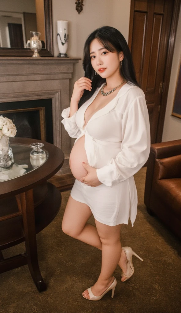 absurdres, RAW photo, extremely delicate and beautiful, masterpiece, Best Quality, ultra high resolution, 32k, hyperrealistic, ultra-detailed, perfect anatomy, perfect figure, super Detailed skin, Very detailed CG 8k wallpaper, pregnant, narrow waist, very small head, very small face, delicate facial features, earring, thin legs, (perfect breasts:1.3), (giving birth shot:1.1), (solo:1.2), long hair, (wavy hair:1.2), wet clothes, (waitress outfit:1.3), no bra, hot