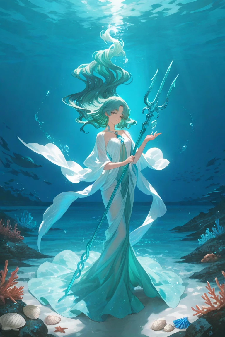 High resolution、Goddess of the Sea。Neat and elegant、cool。With a spear like Triton、Walking through a breach in the sea。
On his head he wears a crown made of green leaveedieval European fantasy、beautiful。
The decorations are also beautiful.。