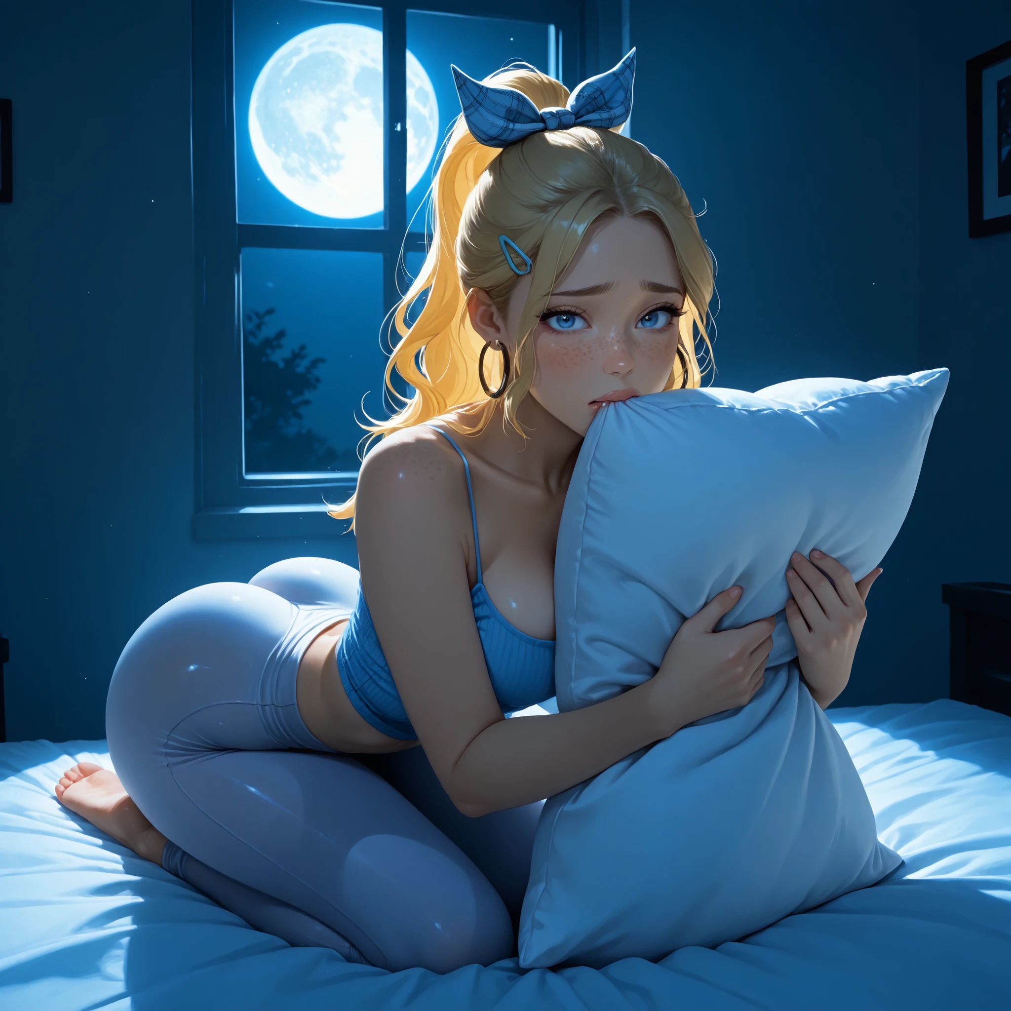 biting pillow hard, sitting up straight, 1girl, feet in picture, symetrical view, moon in window, soft blueish white lighting, night, Solo, High Resolution, looking at viewer, Bangs, Hair Bow, Masterpiece, High Resolution, Anatomically Correct, Detail, High Details, High Quality, Hoop Earrings, cute freckles, worried look, plaid Hair Ribbon, Jewelry, Hair Clip, dark eyliner, Backlighting, Bloom, Cinematic Lighting, God Rays, score_9, score_8_up, score_7_up, cinematographic film image, dappled moonlight, full lips, glossy lips, beautiful mature girl, long blonde ponytail, biting pillow hard, soft blueish white lighting, blue eyes, medium firm , tight spaghetti strap top, kneeling on bed, round , leggings, glistening skin, up