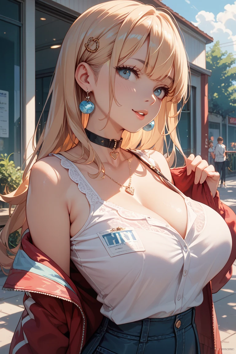 ((masterpiece, intricate details)), realistic, photorealistic, 1girl, mature female, midshot, green eyes, blush, blonde hair, dolly eyelashes, large breasts, cleavage, happy smile, white tank top, black jacket, navel, denim short shots, street, cityscape