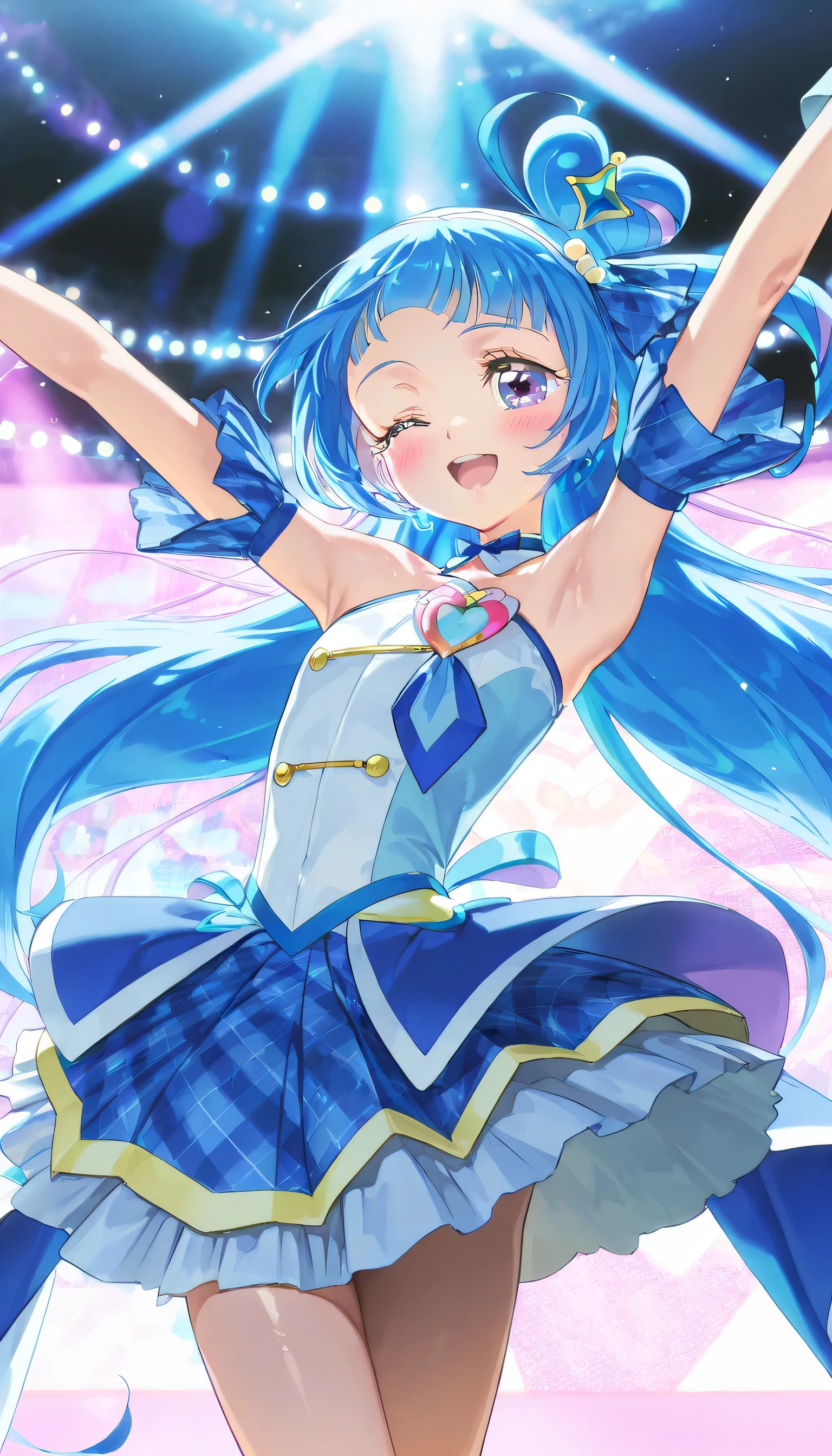 (masterpiece, finely detailed beautiful eyes: 1.2), ultra-detailed, ultra high res, professional lighting, high quality makeup, beautiful detailed eyes, Extremely cute, (extremely detailed beautiful face), (Authentic skin texture:1.4), very aesthetic, latest, scenery (delicate), Volumetric Lighting, depth of coverage, shiny skin, (dynamic angle for women, front view), (light blue idol costume, cure wink, kimi to idol precure:1.2), (1 ultra super extremely cute junior high school student girl), (flat chest:1.1), drooping eyes, (blush:1.3), happy, wink, open mouth, (slender body, slender stomach:1.1), long volume hair, erect nipples, groin focus, armpit focus