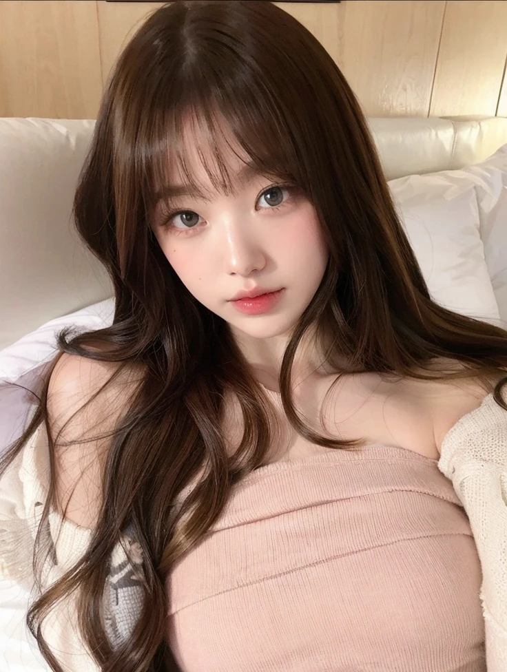 araffe asian woman with long brown hair laying in bed, ulzzang, jang wonyoung, gorgeous young korean woman, beautiful south korean woman, korean girl, jaeyeon nam, beautiful young korean woman, young adorable korean face, brown long hair with bangs, long hair with full bangs, long hair with bangs, with bangs, wan adorable korean face