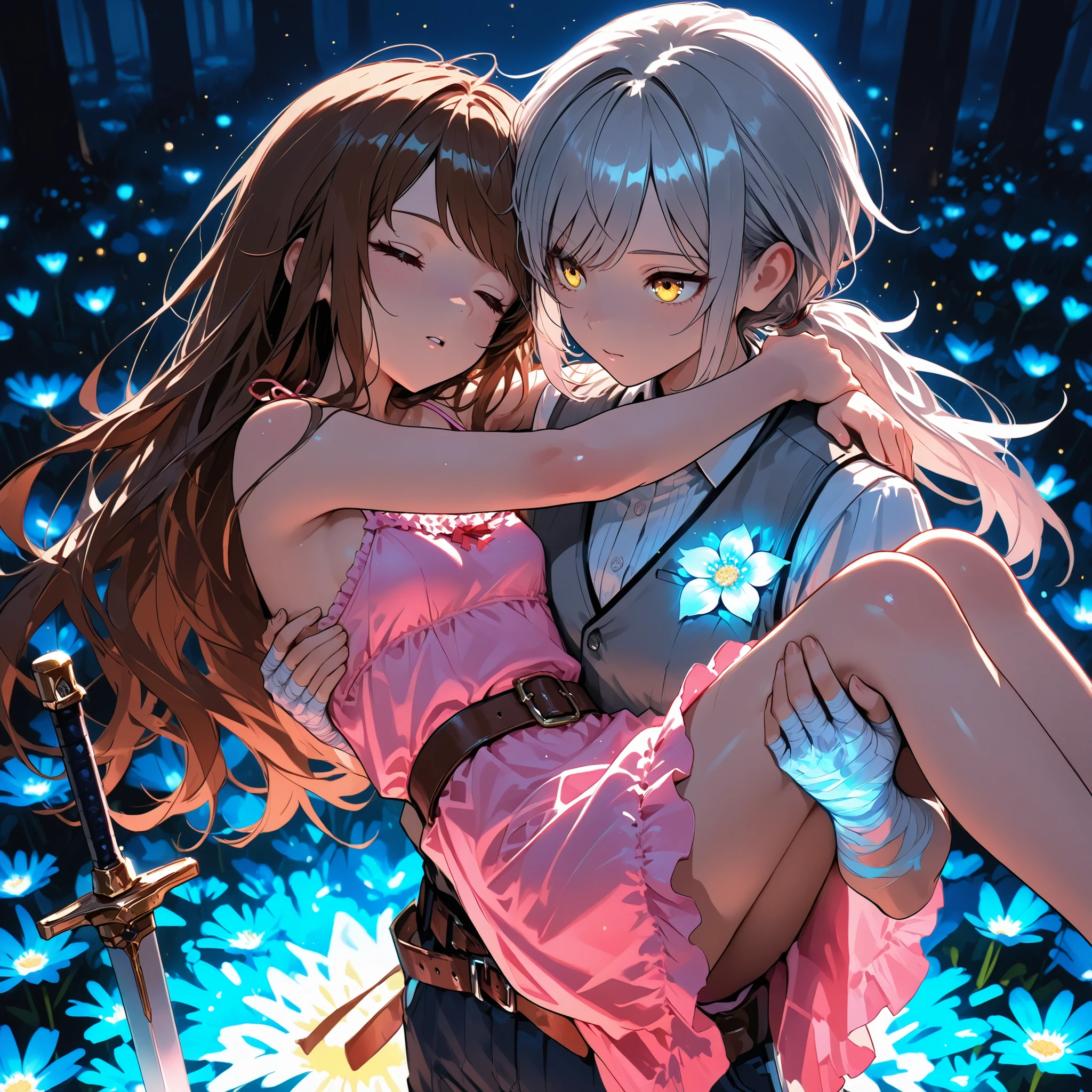 (masterpiece:1.2, Best Quality), (finely detailed beautiful eye: 1.2), (beautiful detailed face), carrying, princess carry, close up, from above, 1girls, character: brown hair , sleeping, brown eyes , very long hair , swept bangs thin , small breasts , bare shoulders , pink sundress , backless sundress , bandaged hands , spaghetti strap sundress , sundress with white frill trim , brown belt , dagger sheathe attached to belt , character: thin , messy hair, yellow eyes , long hair , gray hair , low ponytail , light skin , yellow eyes , ,gray sleeveless vest with white frill trim,thin, light gray sleeveless shirt, dark blue trousers, thin legs, thin thighs, dark red swordbelt, sword sheathe, sword pommel, shade, translucent flowers, colorful flowers,light blue flowers, glowing water, transluminescent glow, bioluminescence flowers, glowing flowers, glowing flower field, bioluminescent water, filled with bioluminescence, transluminescent surfaces, transluminescent, glowing flowers, flower field, night, light particles, glowing, glowing light,