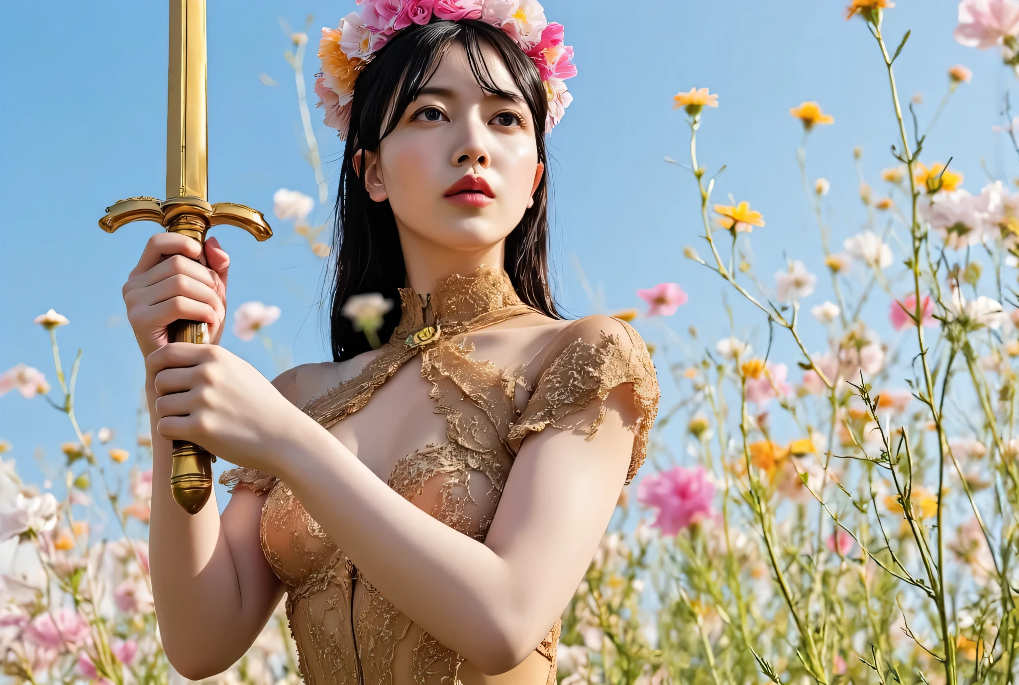 (((long shot:2.0))),(((Large Spring Flower Garden:2.0))),((blue sky:2.0)),((stand with legs open:2.0))),(((Fantasy Atmosphere:2.0))),(((holding a beautiful golden sword in one hand:2.0))),standing,((full body:2.0)),one woman,(cute face:1.5),(Beautiful well-balanced face :1.5),((long hair with bangs:2.0)),(black hair:1.5),(Beautiful Eyes:1.3),20-year-old Japanese woman wearing bright red paint all over her head,Beautiful slender body,((model body type:2.0)),((slim body:1.7)),Perfect Body Line,Ideal Proportions,((big breasts:2.0)),((スリーサイズ90-58-86:2.0)),((G Cup Breasts:2.0)),( popup:2.0),(Bare thighs:1.3),Sensual Thighs,delicate body,(succulent:1.7),harmonious posture,((Realistic breast depiction :1.7)),carefully depicting limbs based on perfect anatomy,((golden super high-leg leotard:2.0)),((lace super high-leg leotard with integrated lace body:2.0)),((lace cloak adorned with colorful flowers with an open front over a leotard:2.0)),(pastel colored cloak with fine embroidery:2.0),(((Crown made of flowers:2.0))),(pointed ears:1.3),((((light purple fishnet tights with a rough mesh:2.0)))),nipples made of flowers,CONCEPT ART,(Best Quality:1.5),(masterpiece:1.5),(超高resolution),resolution,UHD,(Delicate Description), carefully drawn with butterfly wings ,32k,((realistic skin texture that shows through the whole body:1.5)),(((super realistic:1.5))),carefully draw eyelashes,very detailed face,Highly detailed female hand, Sexy appearance ,very sensual,(Blurry Dim Backgrounds :1.5),Professional Photography,(movie lights:2.0),((Lord of the Rings style lighting:2.0))
