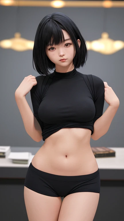 crop ripped t-shirt:1.1, (underboob:1.5), crop top, underboob, 1vgirl, solo, upper body, looking at viewer, happy, seductive smile , short sleeves, big breats:1.5, (long black hair:1.3), inside, apartment, kneeling on bed