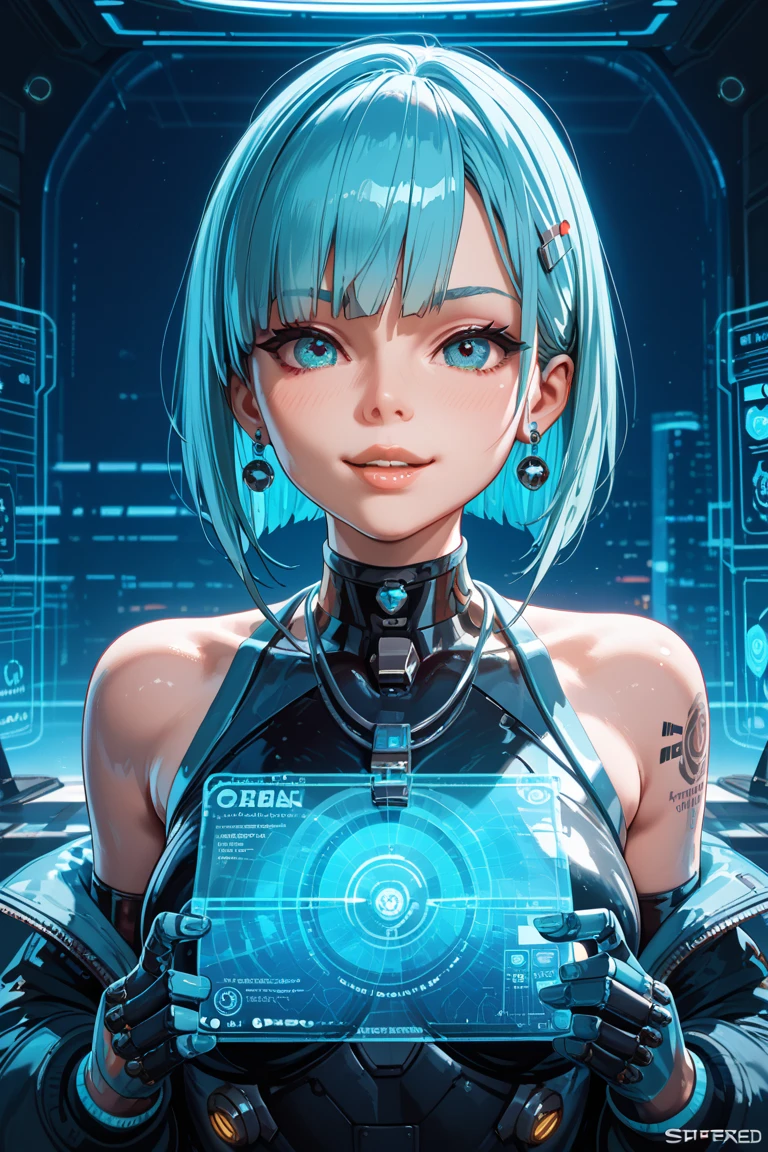 futuristic style biomechanical style <lora:CortanaV1-000090:0.8>,TtoF,CEtoT,1girl,breasts,hologram,makeup,multicolored_hair,solo,tattoo,, blend of organic and mechanical elements, futuristic, cybernetic, detailed, intricate, sleek, modern, ultramodern, high tech, detailed