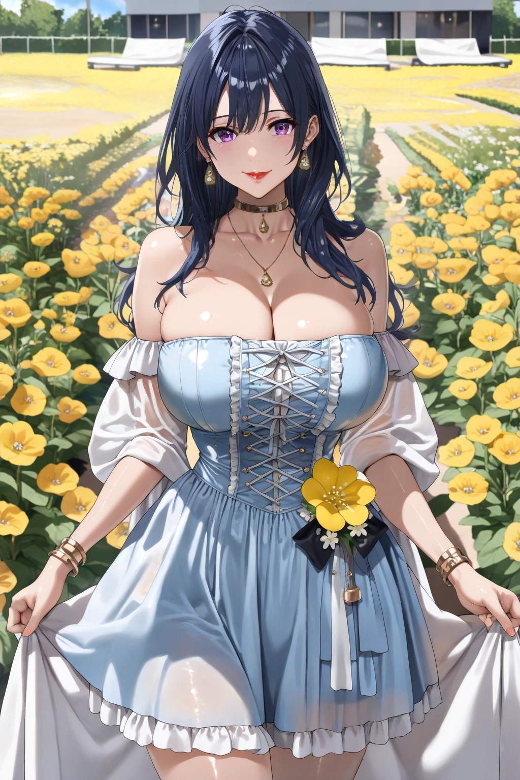 absurd, 8K, high resolution, Ultra-detailliert, beautiful, Meisterwerk, best quality, very pretty woman, Jung, dunkelblaues Haar, Sonnenhut, Gartenschere, Florist, (very huge breasts:1.4), (rundes Haar:1.6), detailliertes Frauengesicht, Sehr attraktiv, Im Blumenladen, Blumen