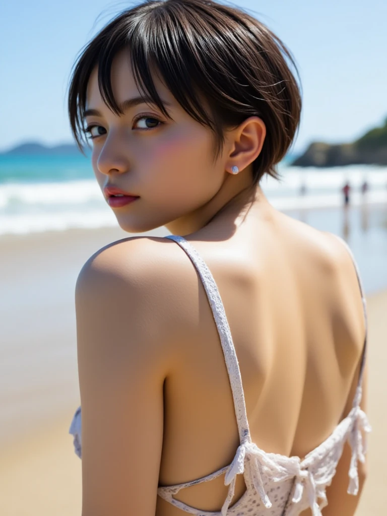 4k, Top quality, 1 beautiful woman, super short Hair, Sunlight, at beach, profile