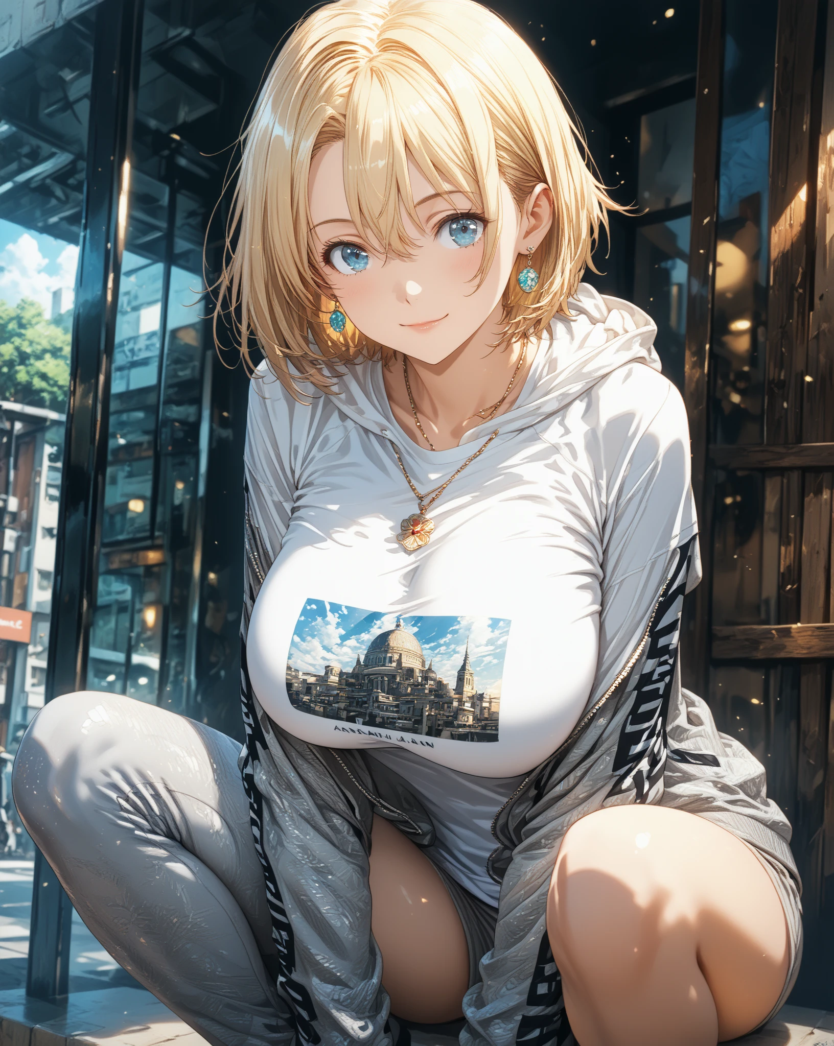 Absurd, Super detailedな,(In 8K:1.3),Masseter muscle area,(masterpiece:1.2)、(Highest quality)、4K、Super detailed、(Movement Structure:1.4)、(Shining Lights、Atmosphere lighting), High resolution, Best Quality、(One person:1.4),Super detailedな,Bright colors、Treebreak Production Art、(Warm color light source:1.2),High-level image quality、Fine image quality、Intricate details,Volumetric Lighting,Realism BREAK、Profile、 Idol face、15 years old、Very beautiful face and eyes, Beautiful images、natural make up、 big eyes,、 (full-body shot:1.3)、 (breast grab:1.3)、 (Big Tits:1.2)、(curvy body:1.2)、(glossy skin :1.5)、(Baby Face:1.5)、(cleavage:1.4)、(white pupils:1.2)、 (graffiti:1.5)、 (blonde hair,short hair:1.2)、(gray、baggy、T-Shirts)、(black、Supreme box logo cap)、(black、baggy、Short cargo pants、Wallet Chain)、(white、Low Cut、sneakers)、 (smirk)、(arms behind back:1.4), (petite:1.4),(white skin)