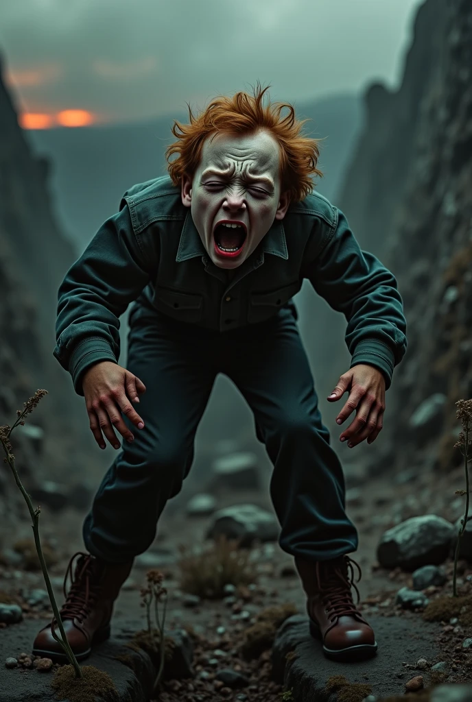 A scene from a comedy movie in which a mad scientist boy is caught in an explosion after an experiment goes wrong and is covered in soot.