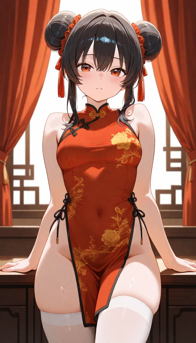 Wearing a red dress,Anime girl with a knife in her hand, Attractive anime girl, wearing a red cheongsam, Beautiful charming anime woman, cheongsam, Cute anime girl in a beautiful skirt, Tonosaka Rin, Mai Shiranui, Chen Sumi, OPPEIN, Revealing clothes, Charming anime girl, beautiful alluring anime teen girl