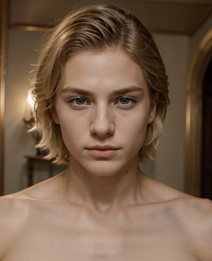((best quality)), ((masterpiece)), (details), full face of a 13-year-old boy with yellowish-white hair, 50 cm hair, blue eyes, white body and no hair, no shirt