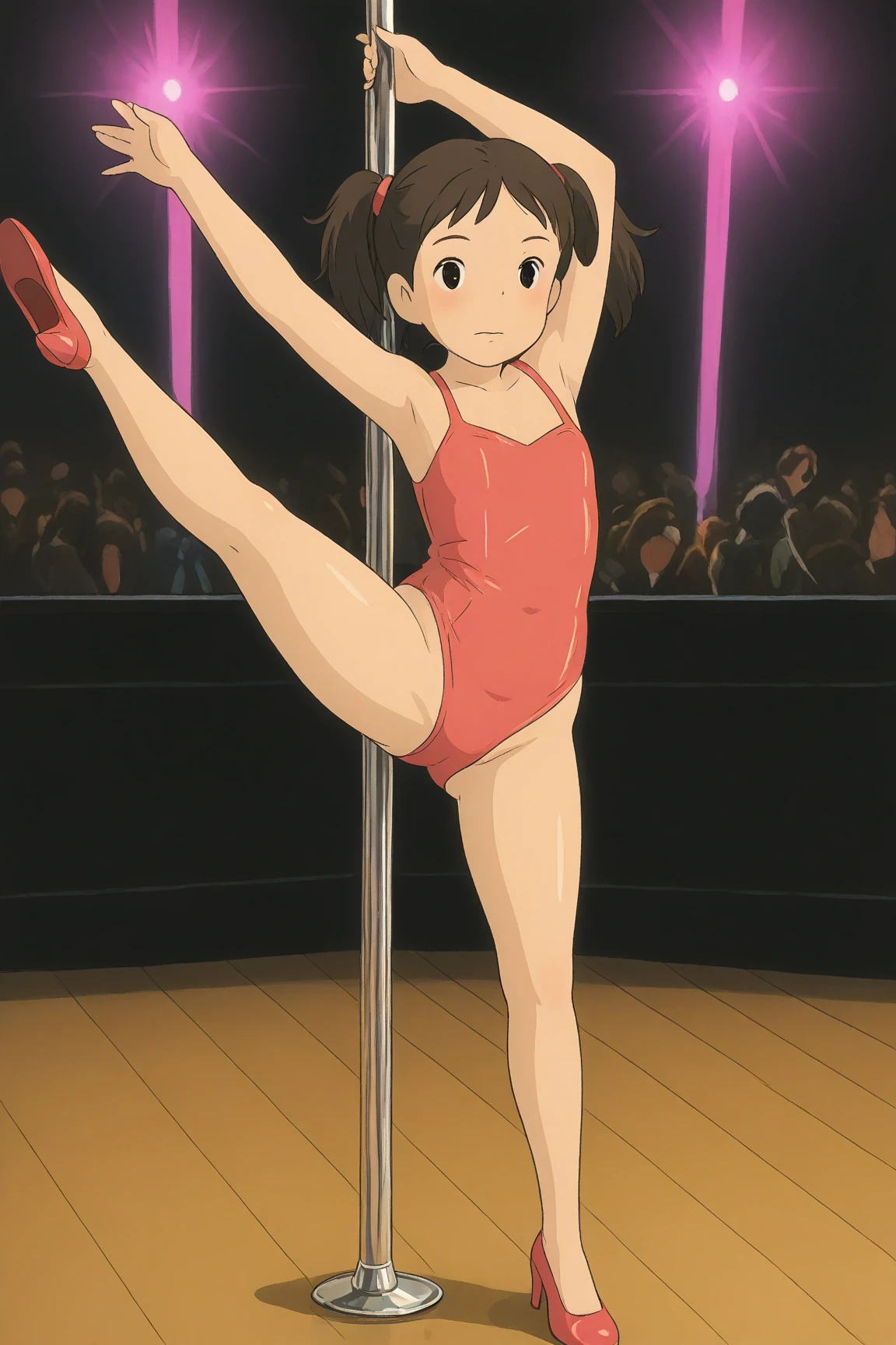 (1980s style, cel anime, retro art style, clean brush stroke, highly detailed, perfect anatomy, NSFW), class room background, 1girl (solo:1.5), eyebrows visible through hair, bangs, dark brown hair, blue eyes, smile, full body, full nudity (completely nude:1.5), Toddler, preschooler, skinny arms (female armpits hair:1.5), immature body (flat chest:1.3), pointed breasts (long saggy tits:1.2), wide areolae (ebony areolae:1.5), highly detailed areolae (glands of montgomery:1.5), puffy areolae (inverted nipples:1.5), narrow waist, small ass, standing sex (ekstand split:1.4), standing split (splitting legs:1.4), (leg stretching:1.5), (female pubic hair:0.0), skinny legs, bare legs, tiptoe, female masturbation (crotch rub:1.0), pussy juice,