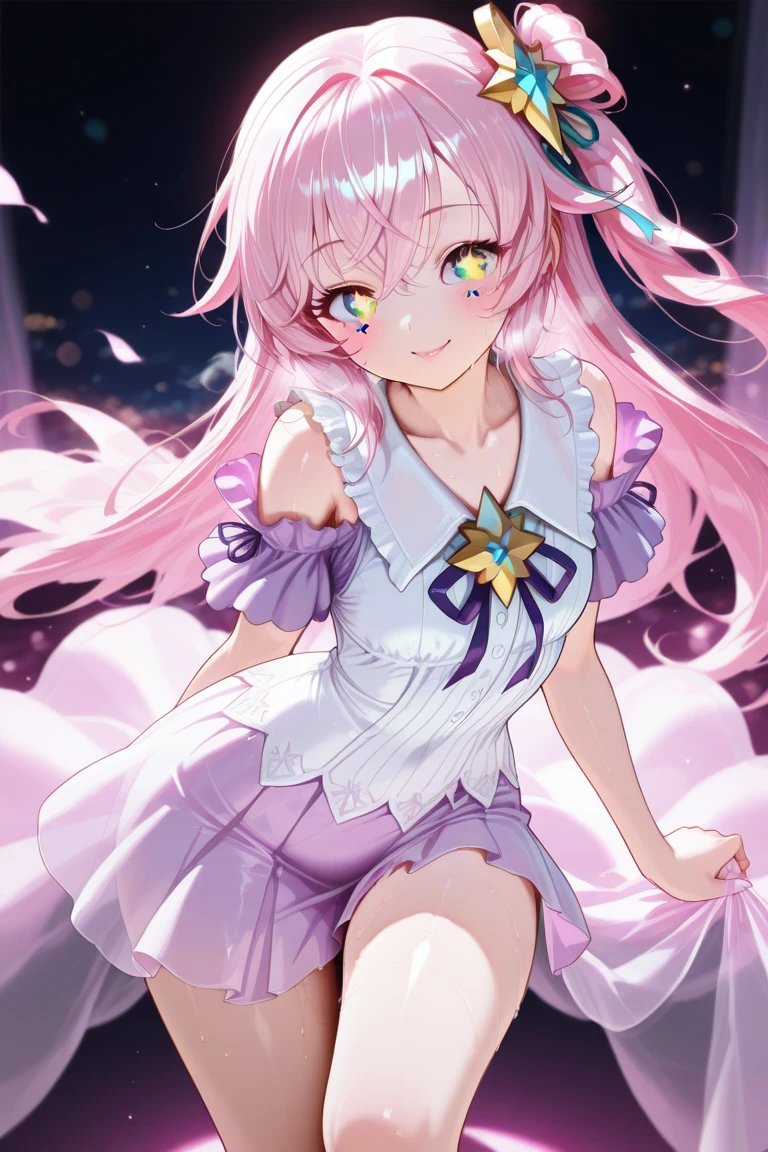 Light white dress with pink and purple color,Purple and pink long ponytail,Pink Purple Eyes,Gentle and coquettish princess,Bright and glossy color,Crystal clear,slim