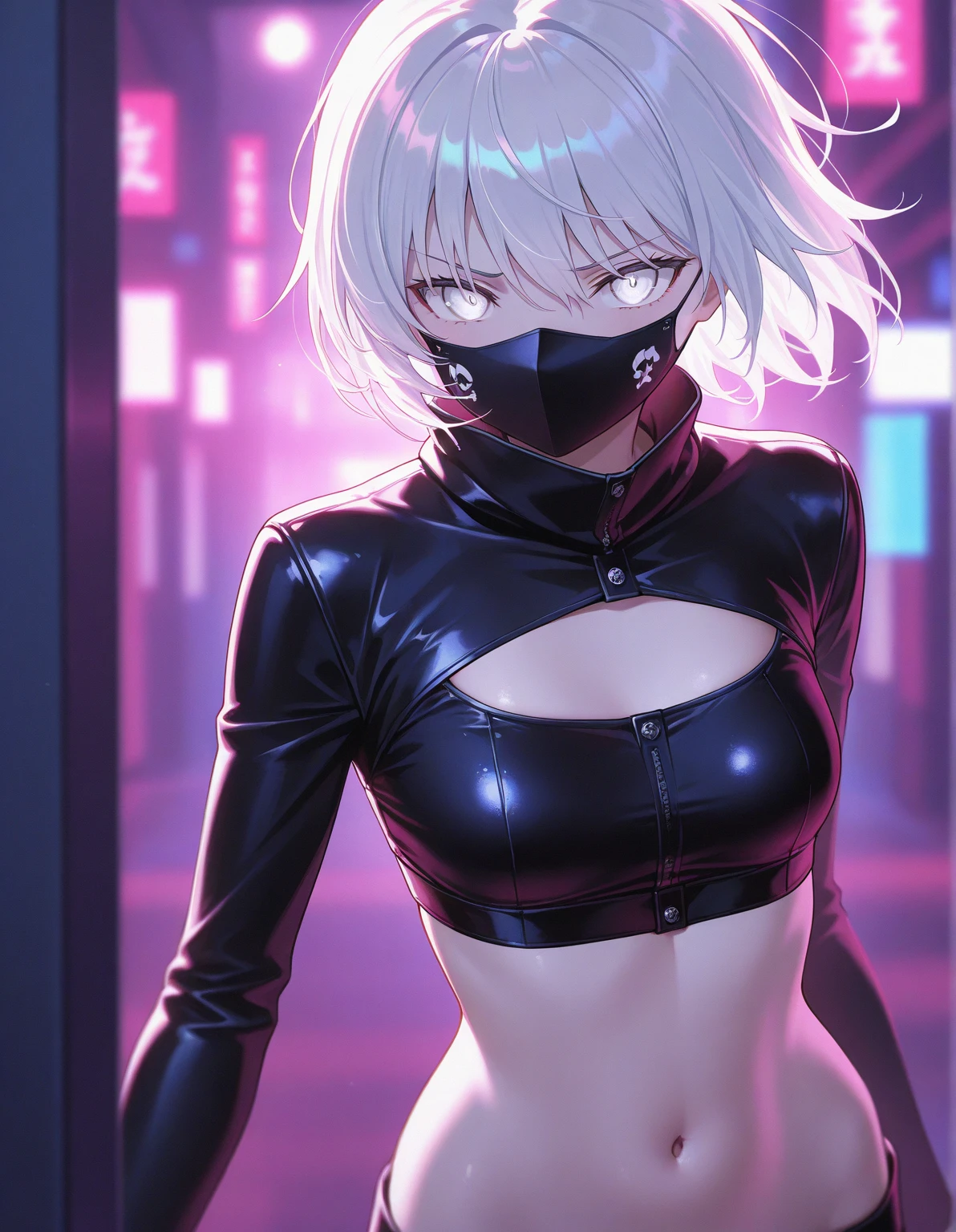portrait, 1 girl, beautiful face, asymmetrical hair, multi-colored hair, belt, bodysuit, covered mouth, covered navel, detached sleeves, grey eyes, hip vent, open jacket, cute, look at viewer, night city, neon, rainy,
