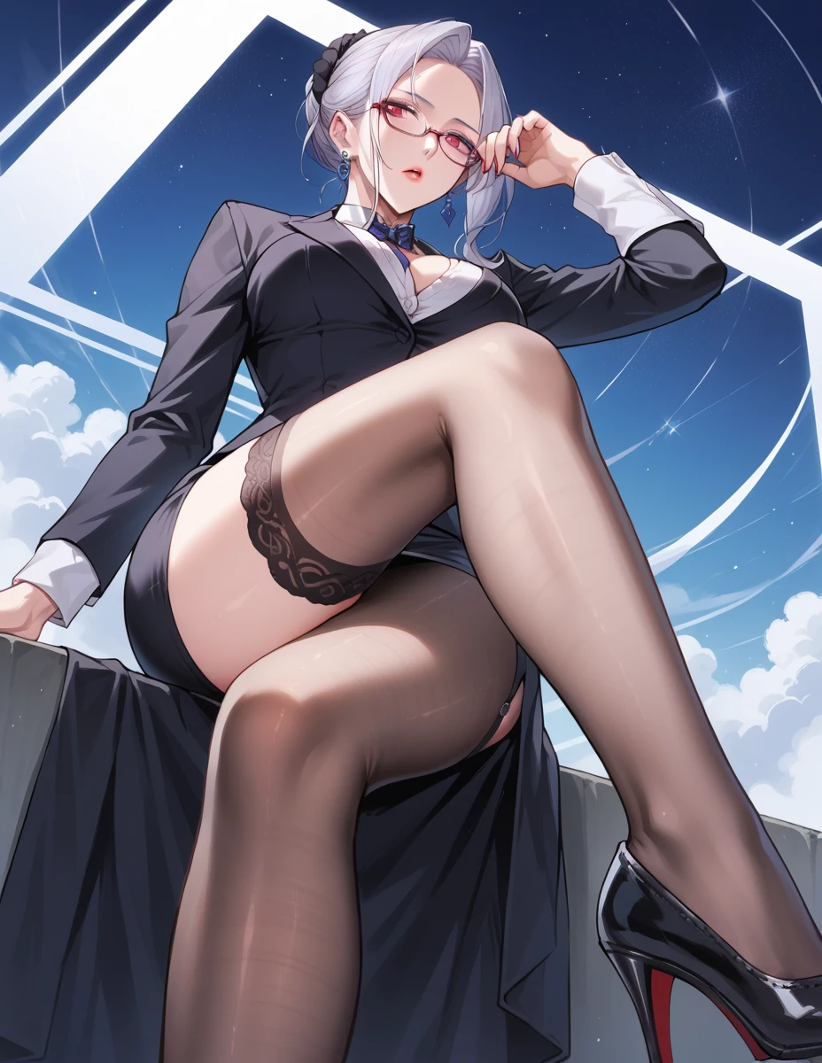 dutch_angle, from_below,full body,very tall girl, huge breasts,cleavage,thick thighs,very long arms,very long legs, small waist, black suit,short hair, black background