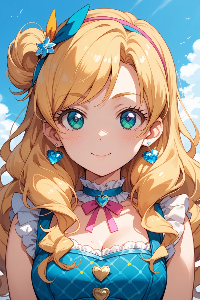 Highest quality、Super detailed、She has a tiara on her head、Golden Hair、1 smiling cute anime girl、long hair、Curly Hair、wearing a pink party dress