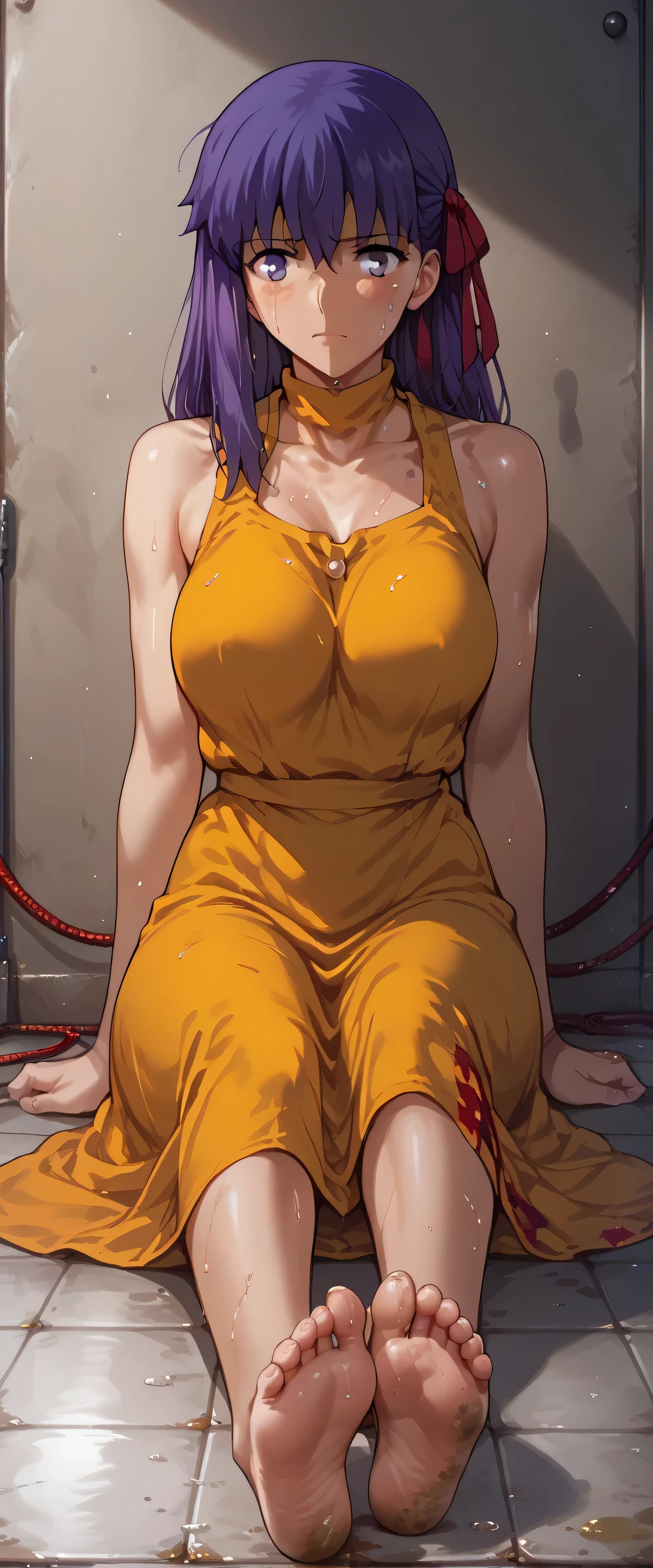 Sakura Matou, fate stay night: heaven's feel, a girl with white skin, big breasts, beautiful body, purple hair (long, loose, and messy hair), purple eyes, (((wearing a short, sleeveless, maximum security inmate yellow dress with the ID number: inmate: M13195 engraved on the chest))), ((maximum security prison recreation yard with large walls with barbed wire and watchtowers in a dirty and old state, and with an unpaved floor))), (((sitting on the floor facing forward with her legs stretched forward, raised and apart, focusing on her feet and the soles and toes))), (full body), (barefoot), (resigned mood), (tense and hot atmosphere), sunny day, (heat), ((dirty)), ((sweating)), (gloomy and depressing place)