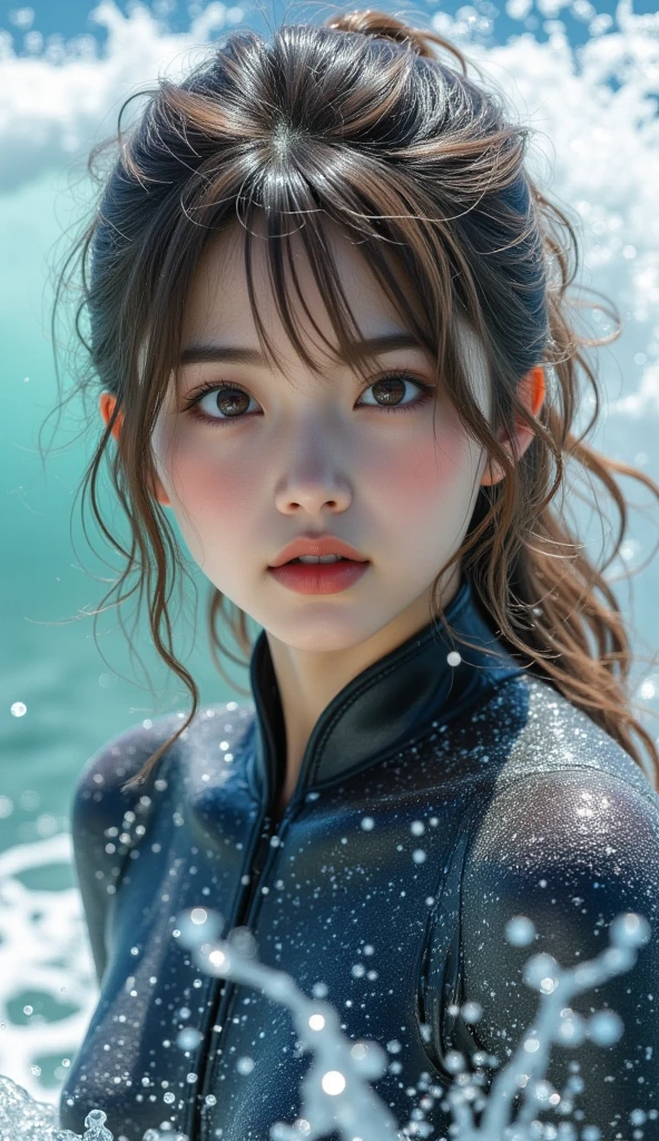 One Girl,A person surfing a big wave, Ocean waves crashing, sunny ocean, Dramatic sky with clouds, Slim and sexy body, Surfers riding the waves, extreme action, Ocean Spray, Wetsuits, Perfect waves, Vibrant colors, photoRealistic, 8k, (Highest quality, 4K, 8k, High resolution, masterpiece:1.2), Very detailed, (Realistic, photoRealistic, photo-Realistic:1.37), High resolution, 超High resolution, Studio Lighting, Very detailed explanation, Vibrant colors, Action Shots, Sea view,(((Mid-chest))), (((Adult body))),