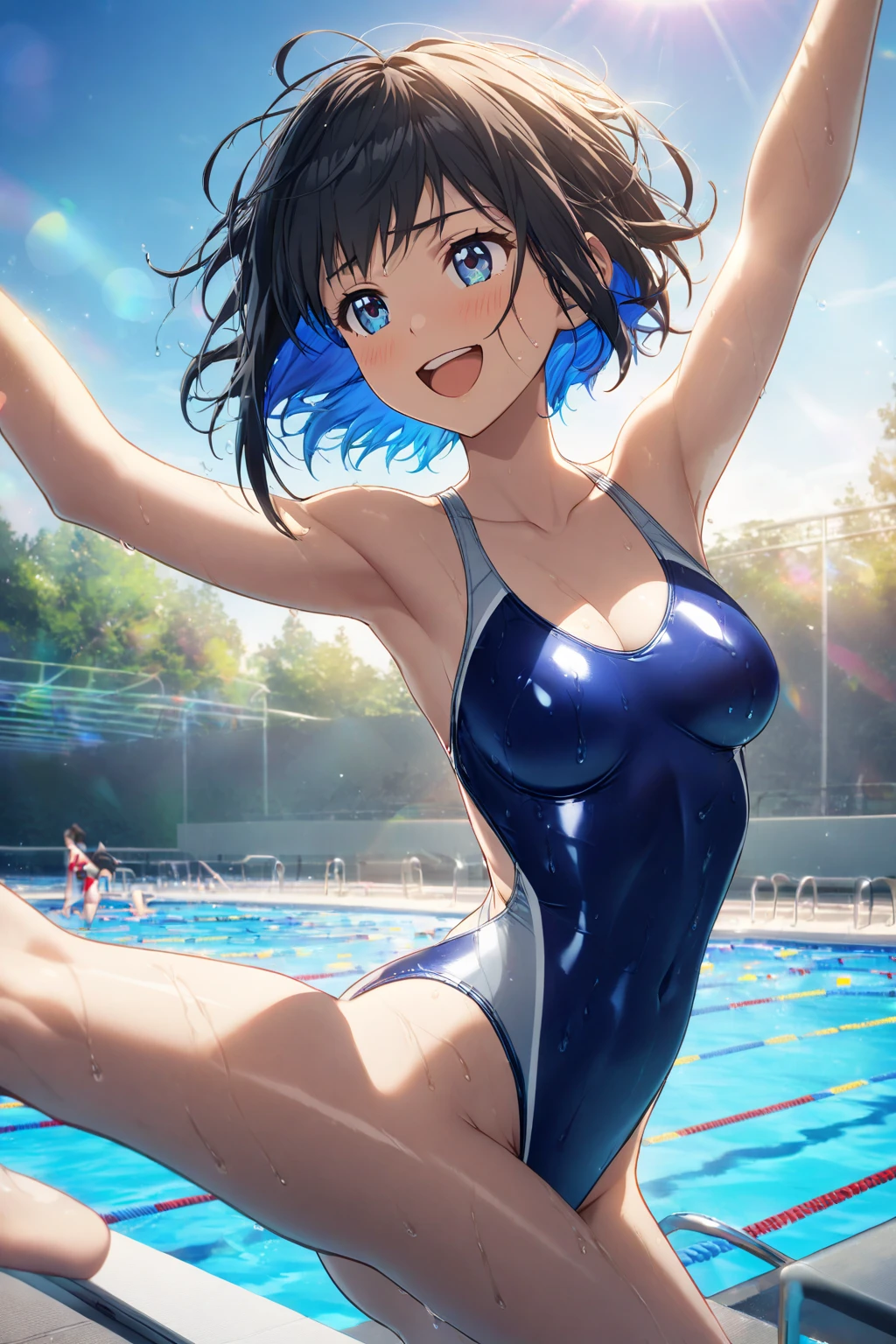 Highest quality,Highest Resolution,Sailor leotard(((2People and above)))A beautiful girl with a crying face,High leg,(((Tback))),Very beautiful eyes,Competition Pool,(((Holding a drink in your hand))),(((Dripping saliva))),sunny,blue sky,sweat profusely,Red tie,whole body,Black short bob,