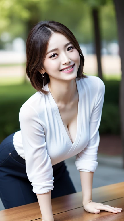 ((Best Quality, 8K, Masterpiece: 1.3)), Sharp Focus: 1.2, A Beautiful Woman with Perfect Figure: 1.4, Slim Abs: 1.2, (Layered Hairstyle,: 1.2)), (Wet White Button Long Shirt: 1.3), Rain: 1.3, Street: 1.2, Wet Body: 1.1, Highly Detailed Face and Skin Texture, Detailed Eyes, Double Eyelids, Big Breasts, Smile,