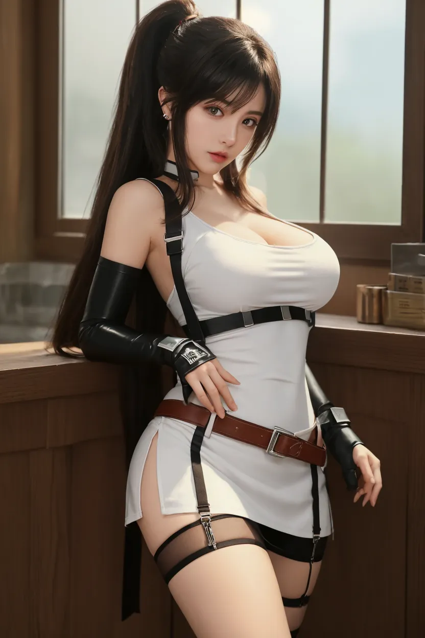 (Photorealistic: 1.4), top quality, very delicate and beautiful, high resolution, 1girl, tifa_lockhart, smile, cowboy shot, suspenders, low rise, mini skirt, tank top, tense shirt, black hair, long hair, elbow gloves, beautiful detailed red eyes, face light, movie lighting, navel, high exposure, abdomen exposure, ribs, abs, ( gigantic breasts: 1.2), dynamic poses, dynamic angles,