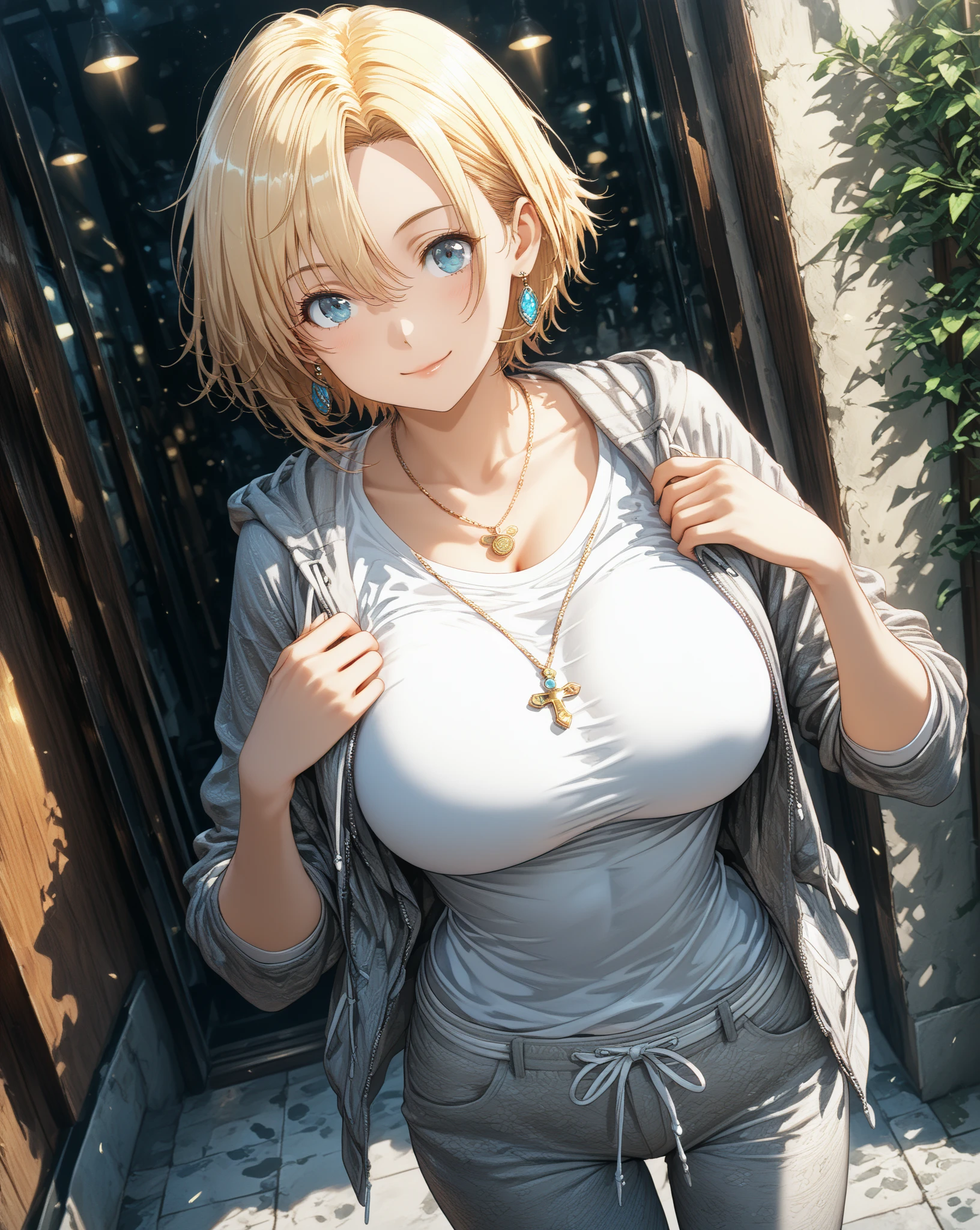 masterpiece, The best quality at the best., 1 girl, mito ikumi,piel morena bronceada, piel morena bronceada, big breasts,Off the shoulder clothing,Sexy servant,Is shy,smile,with blonde hair, long white hair, (blue eyeballs:1.4), forehead protection, The cherry trees,Flying cherry blossoms,jean shorts. big tits, bare and muscular abdomen. scantily clad, bare tits. fur. tender, neko kawai cat ears. Ahegao, scantily clad. Wearing a crop top that covers half of her , loose and big but short top, loose top half tits cover. Posing, shy. Sexy perfect female body. underboob, underboob, underboob. fur, fur, fur. Callejon japones de adoquin, casa de madera japonesa a los costados. Collar grueso de mascota puesto, collar grueso de mascota ajustado al cuello, collar grueso de mascota ajsutado. Collar grueso de mascota, collar grueso de mascota, ajustado al cuello, correa de cadena. Correa al cuello, correa, correa, correa de mascota, cadena. Piel morena bronceada.