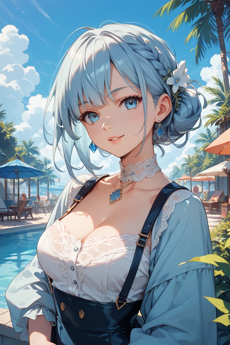 Best quality、Photorealistic、Ultra-detailed、delicate、Orderly、High Detail、Bluish Silver Short Bob、(Drooping heterochromia iris,glowing eyes、Sparkling Eyes:1.3)、Slender、(One girl:1.2)、(White swimsuit,Colorful flowers、Beautiful sea、The ocean as far as the eye can see、Summer sky、To the Cloud、Beach、Gazing at the Horizon、Islands in the Seto Inland Sea々、Nostalgia hobby、Nostalgia :1.3)、Ambient Occlusion、Ambient Light、Ray-traced Reflections、Glow、Shiny Hair、