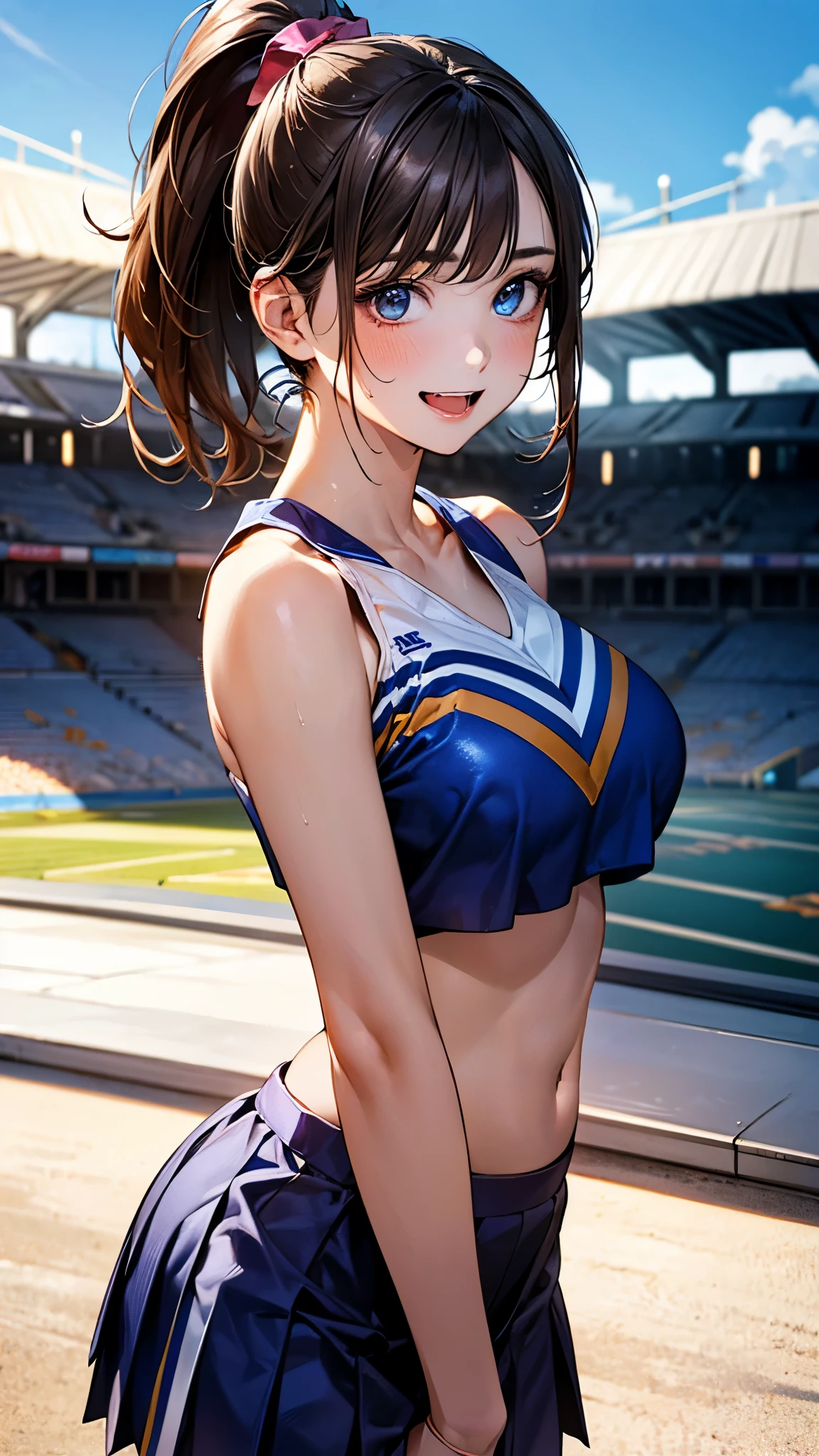 Browsing Caution,​(Highest quality, 8k, masterpiece:1.3,beautiful girl), (Very detailed)Glowing Skin,(((Long Hair,ponytail,Blue Ribbon,Beautiful Hair))),(Perfect Anatomy, Anatomically cまたはrect, Very detailed肌),((Golden Eyes,Droopy eyes,Narrow eyes,Thick eyebrows:1.2)),((Perfect Fingers,Five Fingers)), Mole under the eye,Double teeth,Big Breasts,Big Ass,high school girl,Very smiling,((Track and field uniforms:1.2,)),((Athletics Stadium)),(((Natural Makeup))),After running,Sweat all over
